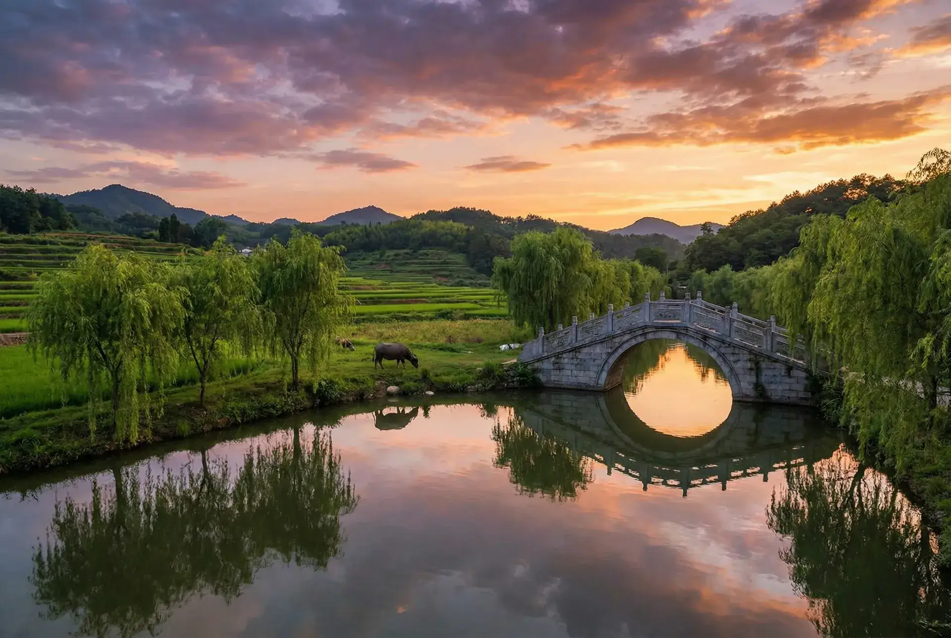 夕阳下的石拱桥与垂柳，水牛在河边吃草 - 自渎 乡村美景